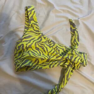 black bough bikini top one shoulder tie front neon yellow zebra print medium